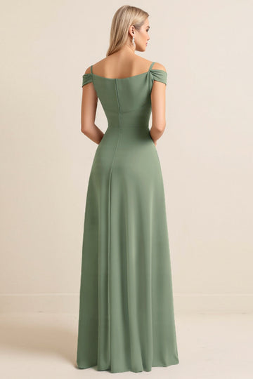 Eucalyptus Sheath Cold Shoulder Ruched Long Bridesmaid Dress with Slit
